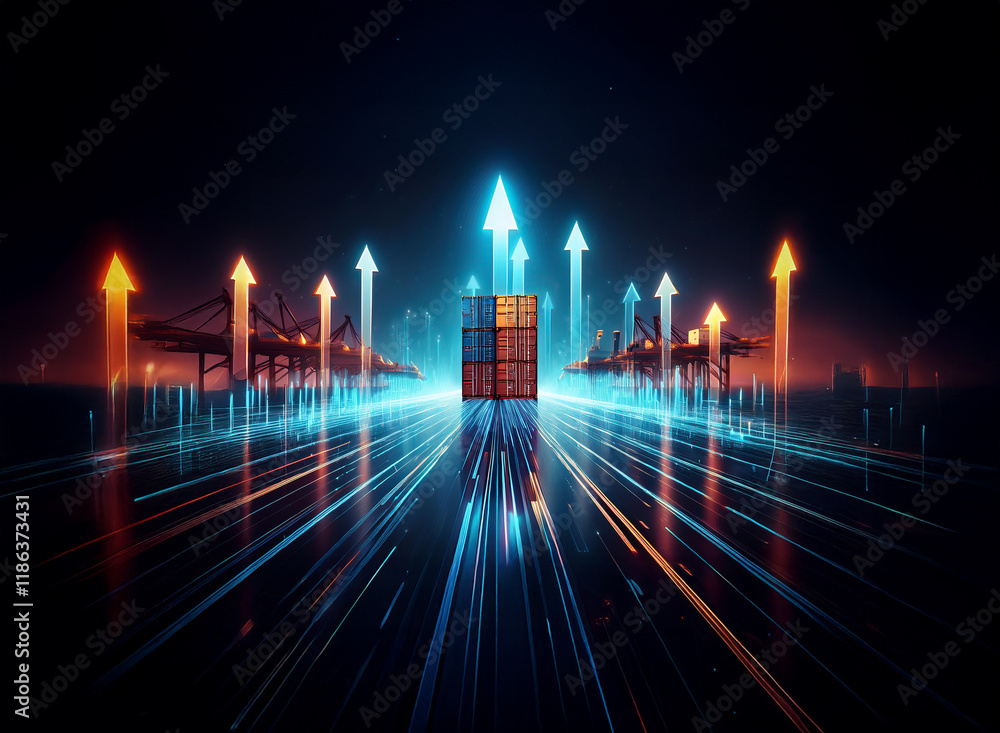 Aufkleber glowing arrows ascend from a shipping container towards harbor cranes in a futuristic, digital lands
