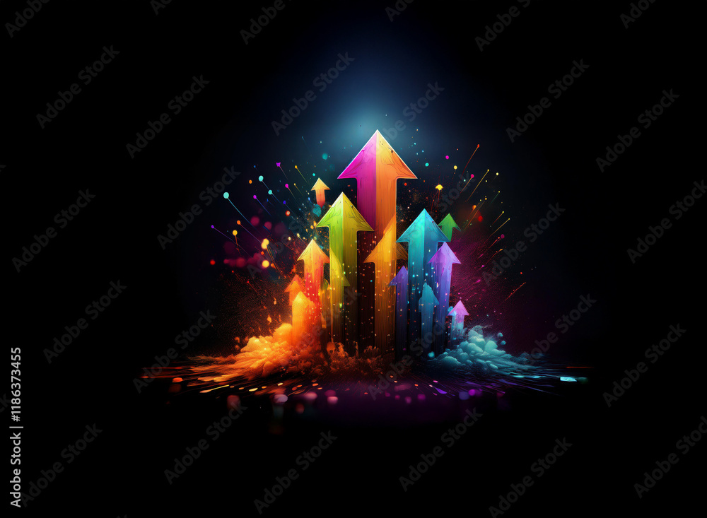 Poster vibrant, colorful arrows ascend from a burst of light and color against a dark background, symbolizi