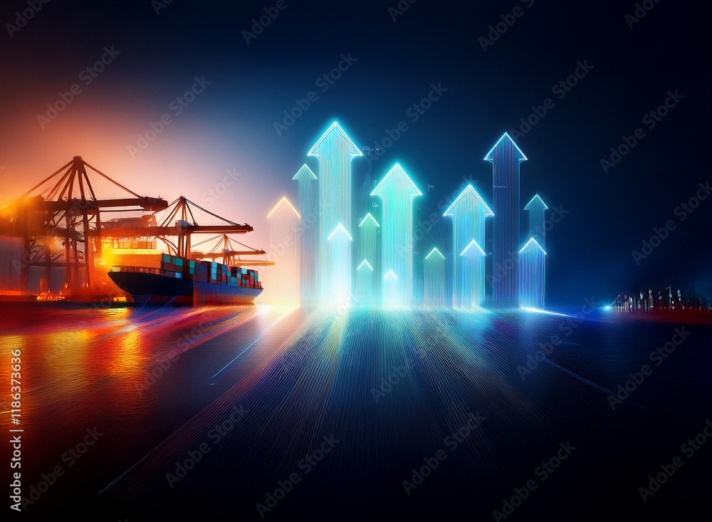Poster A container ship at a busy port, illuminated by vibrant lights, with several upward-pointing arrows symbolizing growth and progress in global trade and shipping.