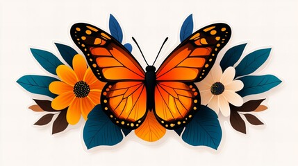 Obraz premium Vibrant monarch butterfly surrounded by colorful flowers and leaves. A beautiful illustration of nature's artistry.