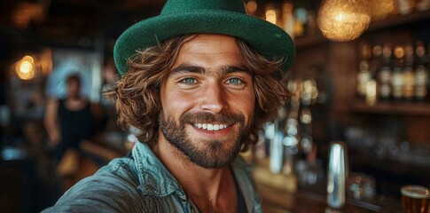 A jolly bartender donning a green St. Patrick's hat pours beer