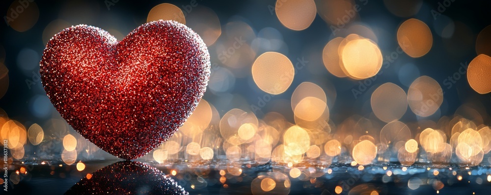 Poster 3d render a sparkling red heart glimmers against a backdrop of soft, golden bokeh lights, evoking fe