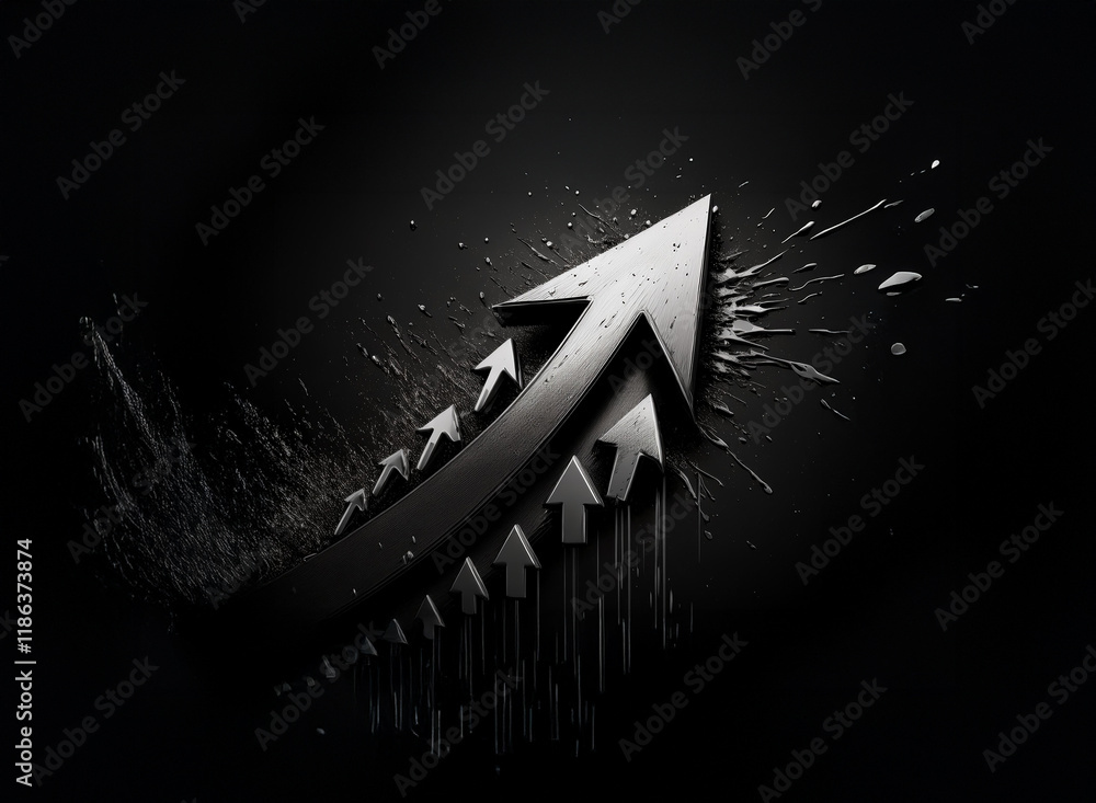 Poster a metallic arrow ascends, breaking through a dark, textured background with a splash effect, symboli