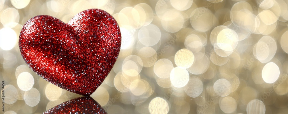 Poster 3d render a sparkling red heart sits on a reflective surface with a golden bokeh background, symboli