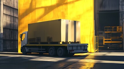 Naklejka premium Flatbed Truck Loaded With Cargo Boxes In Warehouse