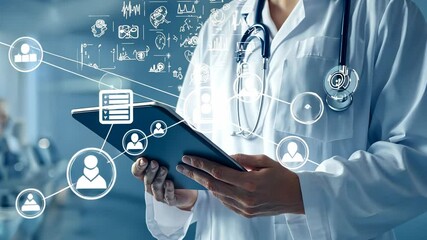 Doctor using digital tablet with medical data visualization - Powered by Adobe
