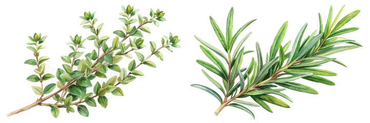 Fresh herbs illustration, watercolor style, thyme and rosemary, botanical art, culinary use, natural elements.
