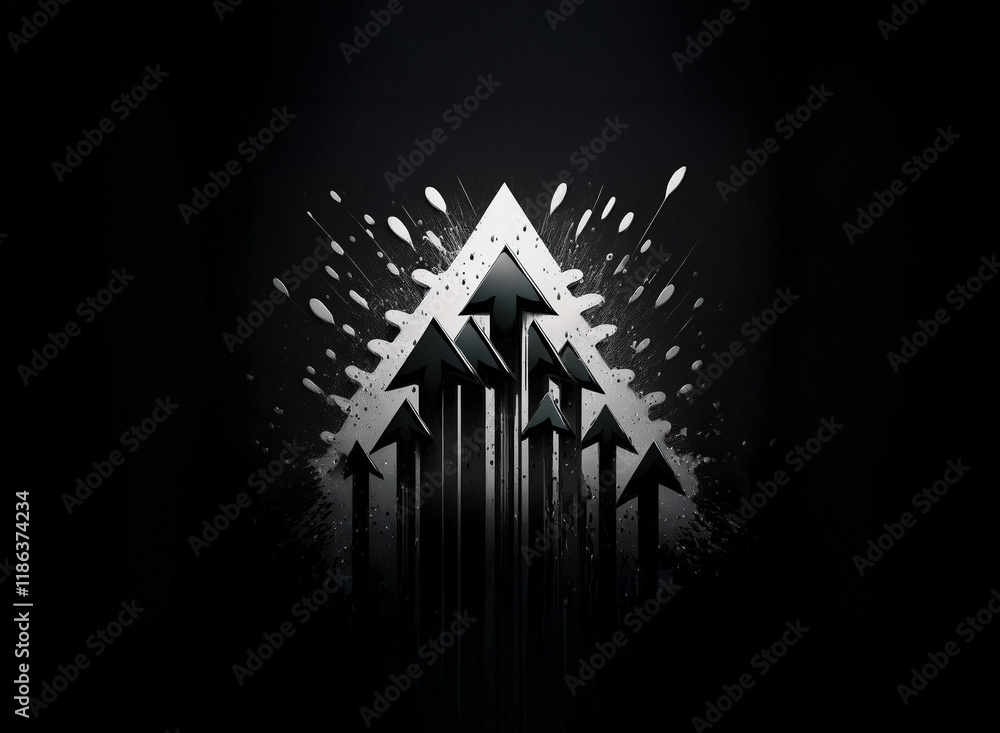 Aufkleber Abstract black and white artwork.  A cluster of upward-pointing arrows forms a triangular shape within a dark, splatter-painted background.  The design evokes themes of growth and progress.