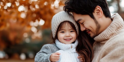 Obraz premium Asian father and daughter enjoy autumn day outdoors with smiles and warm clothing