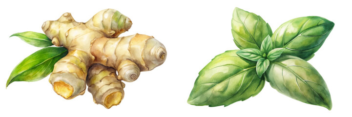Fresh ginger root, vibrant basil leaves, botanical illustration, watercolor style, culinary herbs, natural ingredients.