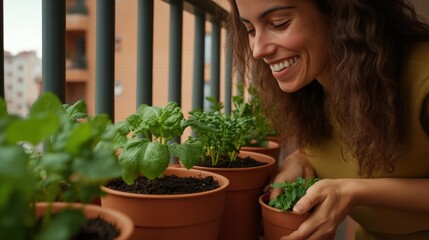 Student Volunteering Week Hispanic young female gardening on balcony with potted herbs and plants