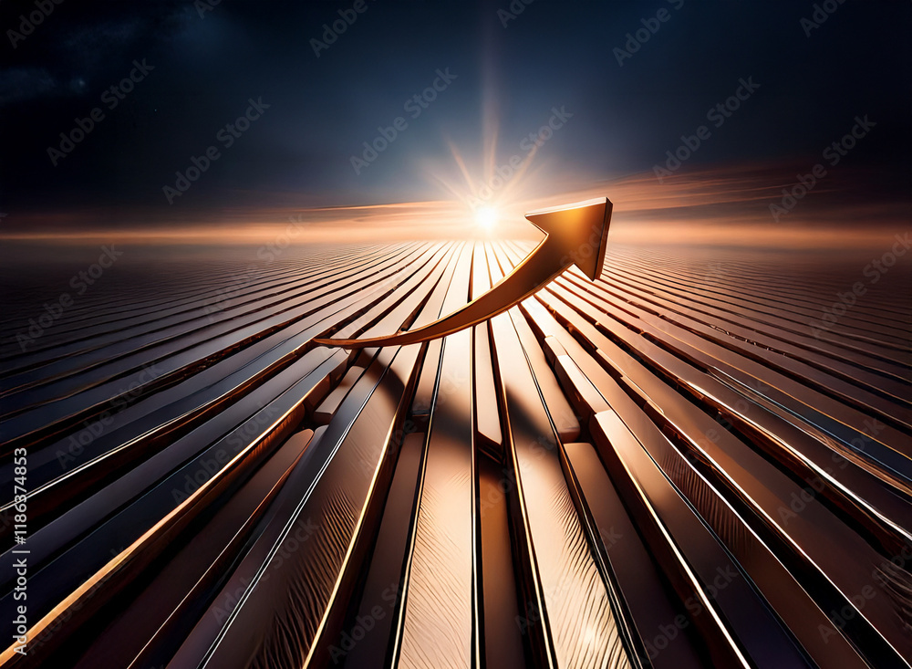 Poster golden arrow ascends a path towards a radiant sunrise, symbolizing growth and progress on a journey 