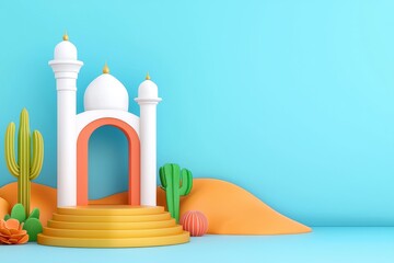 A generative AI-created 3D illustration featuring an Islamic display podium with a mosque gate behind it, located in the sand dunes, marking Ramadan Kareem, Mawlid, Isra Miraj, Eid al-Fitr, Eid
