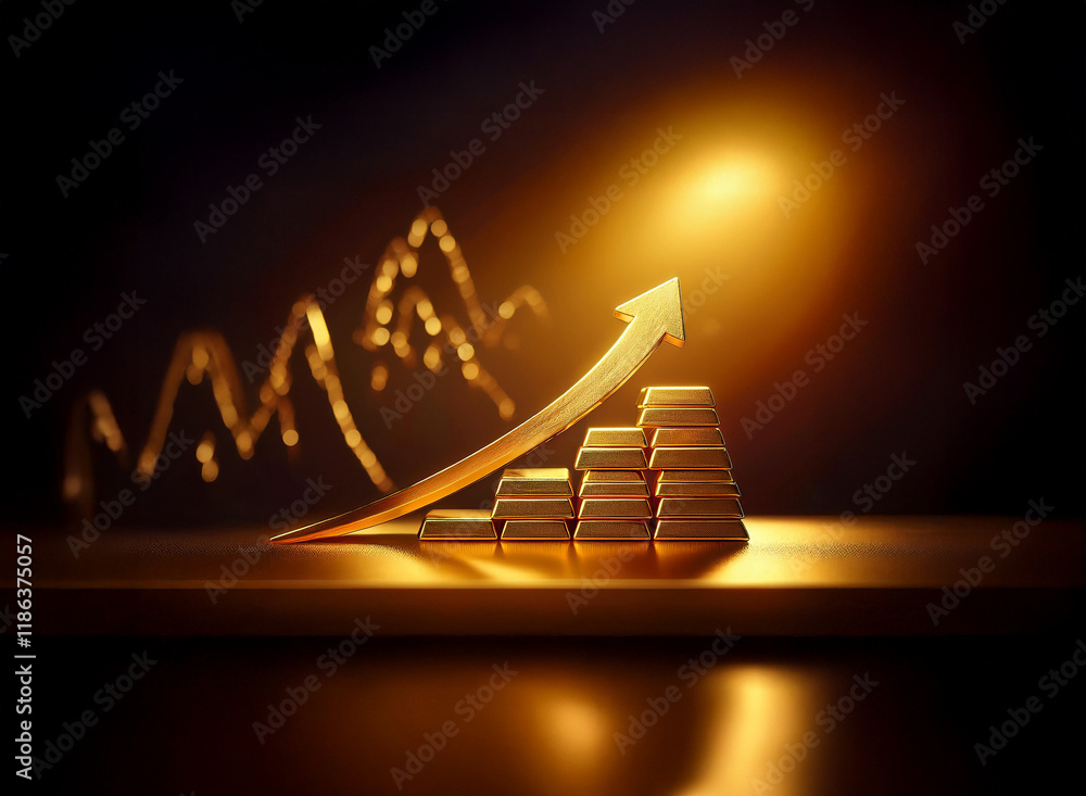 Poster golden bars ascend on a rising graph, symbolizing financial growth and wealth against a dark backgro