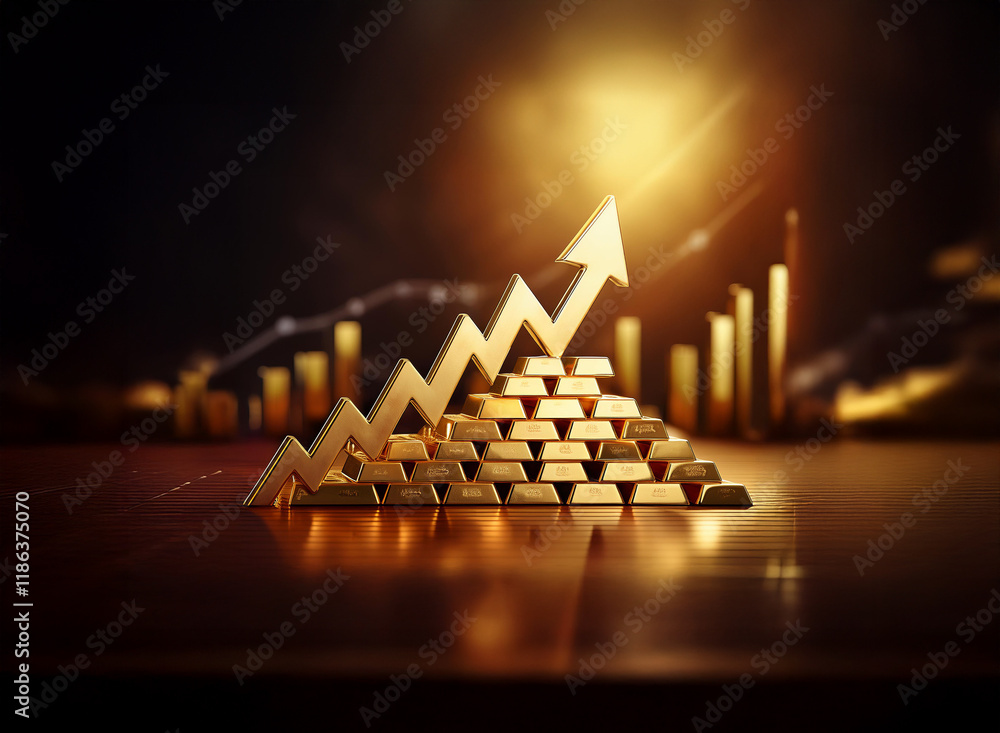 Poster golden bars form a pyramid, topped by an upward-pointing arrow, set against a backdrop of rising fin