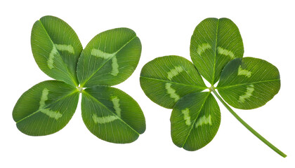green four-leaf and three-leaf clovers on isolated background, lucky shamrock leaves close-up, natural green foliage pair, botanical clover details with stem, high-resolution plant photography isolate