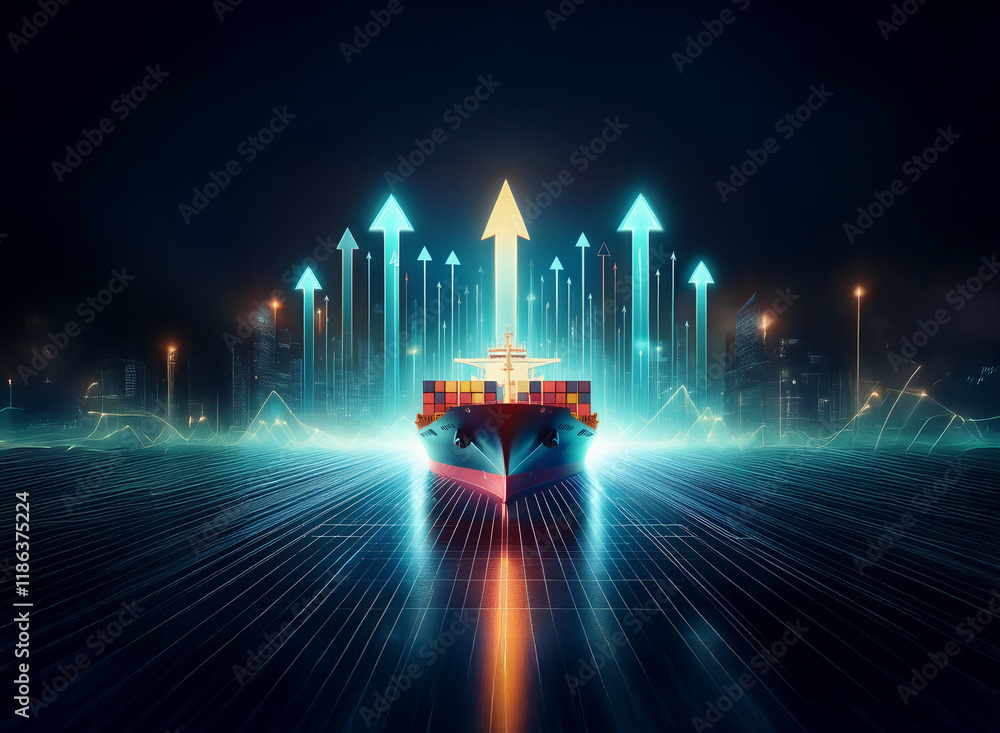 Poster a container ship sails towards a futuristic cityscape, surrounded by glowing upward arrows symbolizi