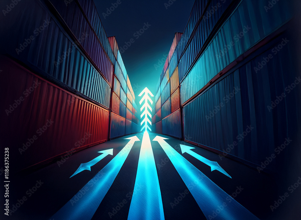 Poster Glowing blue arrows illuminate a path between rows of colorful shipping containers, symbolizing efficient global trade and logistics.