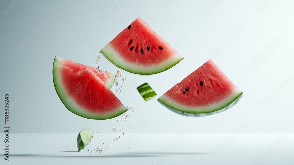 Poster levitating slices of refreshing watermelon float in mid air, surrounded by splashing droplets of wat