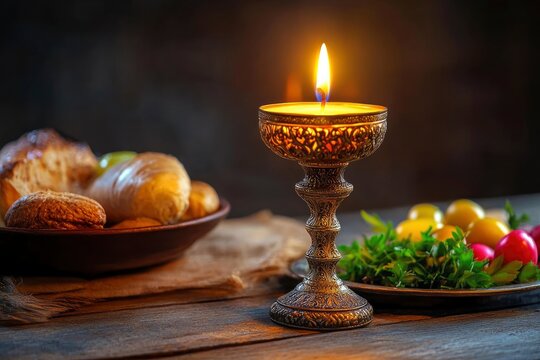 Holy Week, End, Palm Sunday, Good Friday, Easter Sunday Concept. Orthodox food in Great Christian Lent, Lenten food on a wooden table against the background of Orthodox icons. a lighted candle in lamp