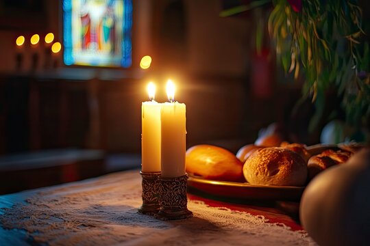 Holy Week, End, Palm Sunday, Good Friday, Easter Sunday Concept. Orthodox food in Great Christian Lent, Lenten food on a wooden table against the background of Orthodox icons. a lighted candle in lamp