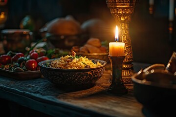 Holy Week, End, Palm Sunday, Good Friday, Easter Sunday Concept. Orthodox food in Great Christian Lent, Lenten food on a wooden table against the background of Orthodox icons. a lighted candle in lamp