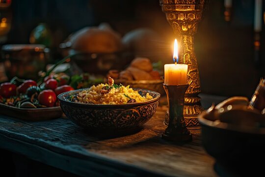 Holy Week, End, Palm Sunday, Good Friday, Easter Sunday Concept. Orthodox food in Great Christian Lent, Lenten food on a wooden table against the background of Orthodox icons. a lighted candle in lamp