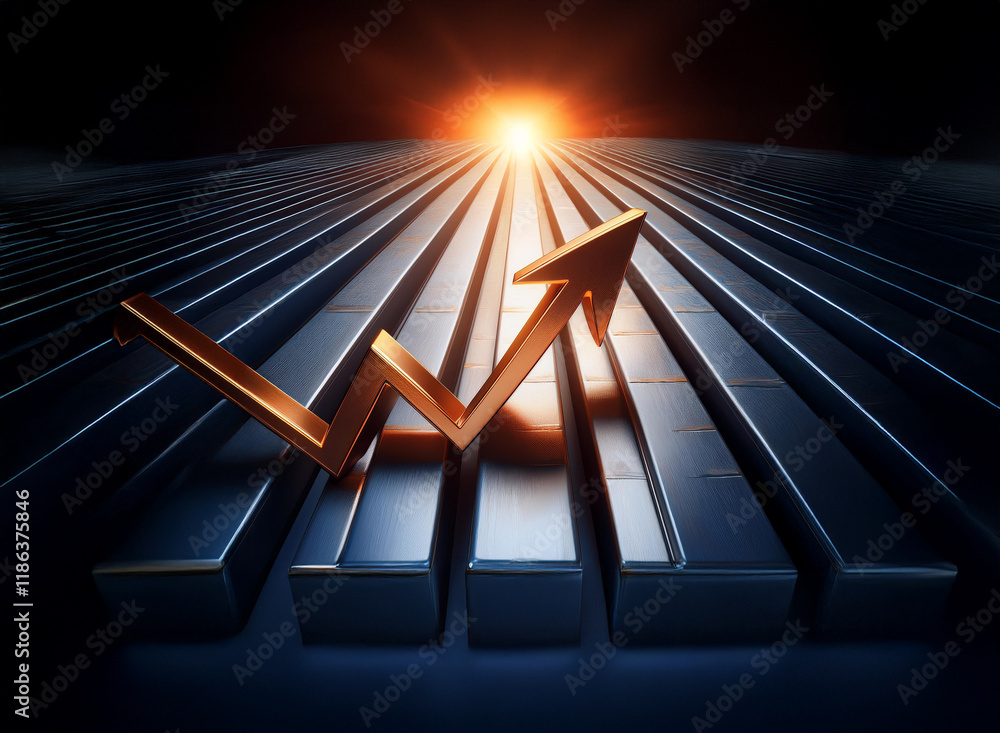 Poster golden arrows ascend a metallic pathway towards a radiant sunrise, symbolizing growth and progress. 