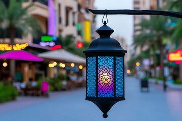 At night, vibrant Arabic lanterns adorned with burning candles line the streets, creating a festive backdrop for the Muslim celebration of Ramadan Kareem