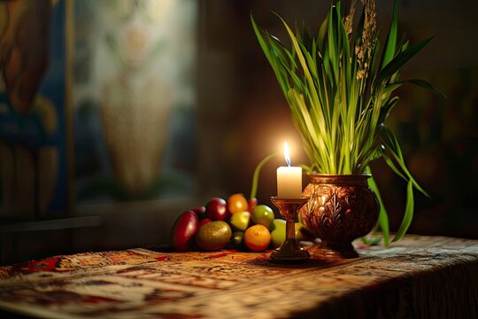 Holy Week, End, Palm Sunday, Good Friday, Easter Sunday Concept. Orthodox food in Great Christian Lent, Lenten food on a wooden table against the background of Orthodox icons. a lighted candle in lamp