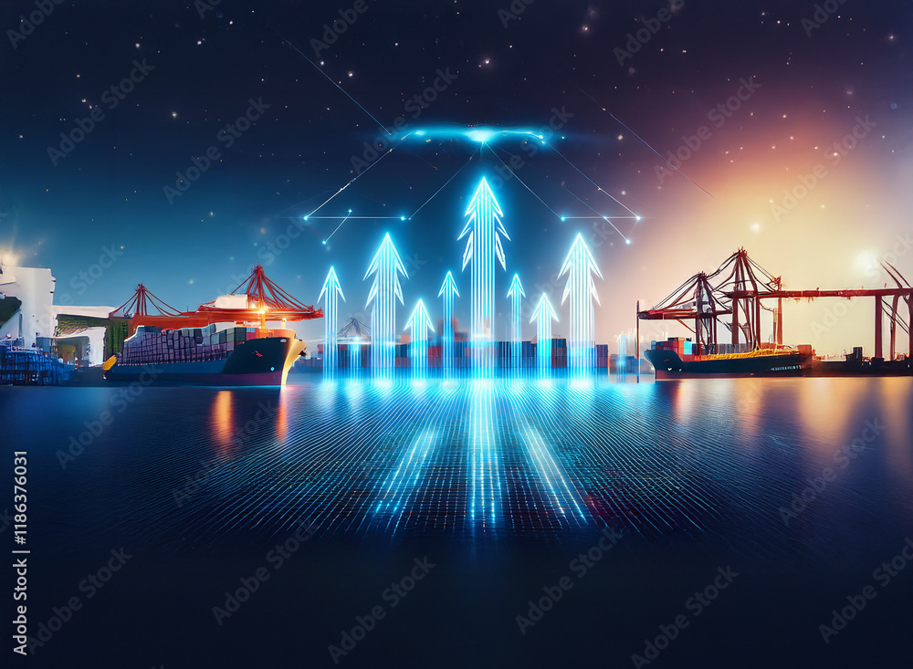 Aufkleber night scene of a bustling port with cargo ships and cranes, illuminated by glowing upward arrows sym