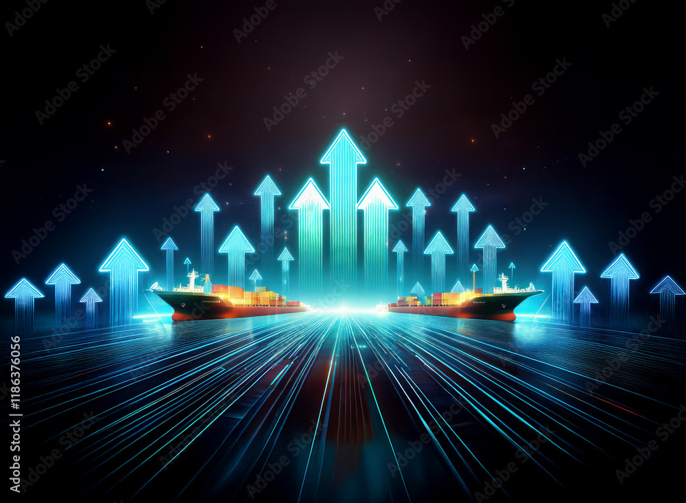 Poster two container ships sail towards bright, upward-pointing arrows on a dark, futuristic ocean, symboli