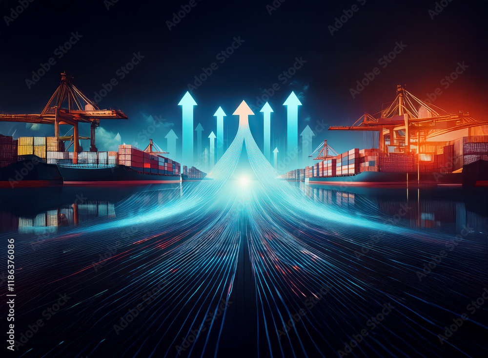 Poster Dynamic image depicting global trade growth.  Bright blue and orange lights stream towards converging upward arrows between container ships at a busy port, symbolizing increased shipping and economic 