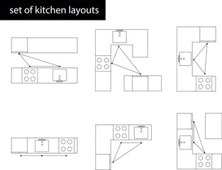Top-down view of furniture for kitchens designed for use in architectural plans and layouts. Ideal for designers and architects looking for detailed vector drawings furniture.