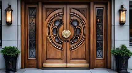 Ornate Wooden Double Door Entrance With Brass Accents