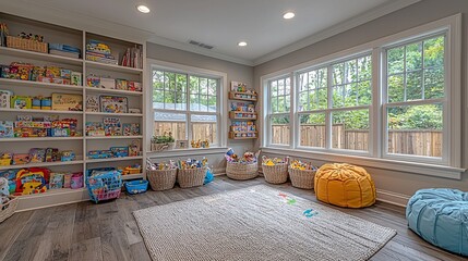 Bright playroom with toys, books, and ample natural light.