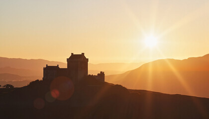 Fototapeta premium Sunset over a silhouette of an ancient castle on a hill