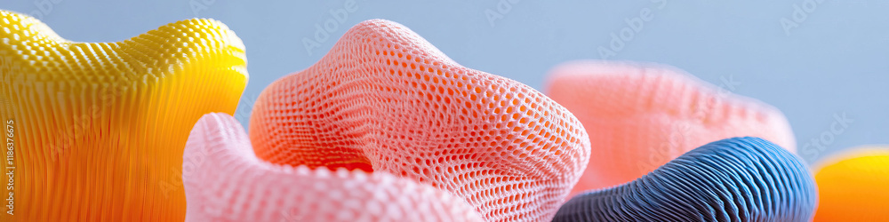 Poster close-up of 3d-printed objects with varied textures and pastel colors