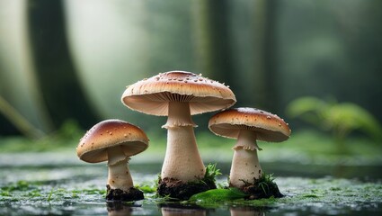 Elegant mushrooms grow in the wet green forest.