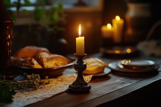 Holy Week, End, Palm Sunday, Good Friday, Easter Sunday Concept. Orthodox food in Great Christian Lent, Lenten food on a wooden table against the background of Orthodox icons. a lighted candle in lamp