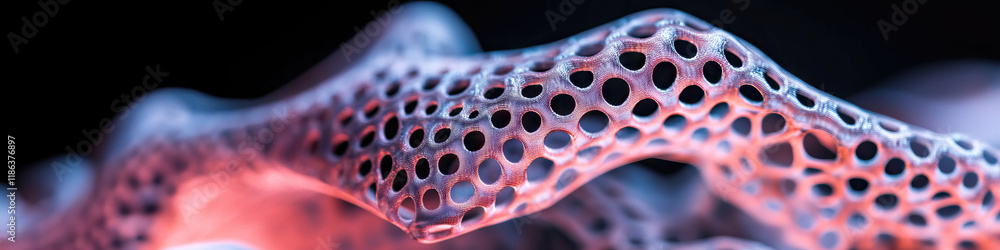 Poster close-up of 3d-printed lattice structure with red and blue lighting