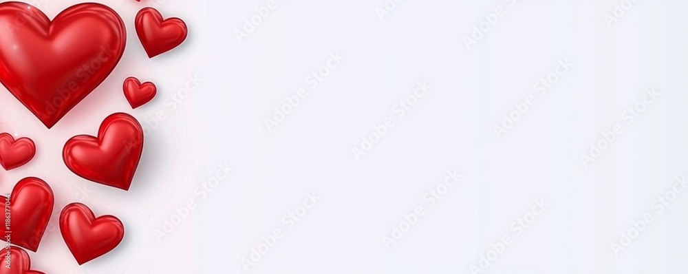 Poster 3d render a collection of red hearts in various sizes, arranged on a soft background, symbolizing lo