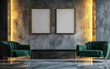 Elegant living room interior, two armchairs, mockups, marble floor