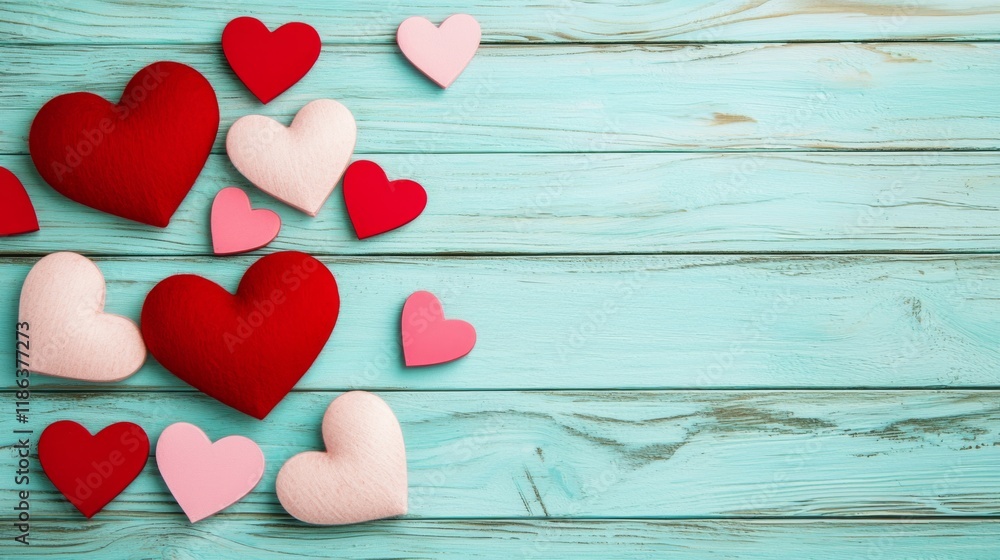 Poster 3d render a collection of colorful felt hearts scattered on a wooden surface, creating a playful and