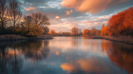 Autumn Nature Landscape: Lake, Bridge, and Golden Forest Pathway with Romantic Views