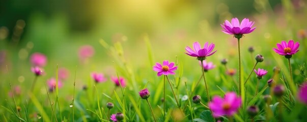 Fototapeta premium Wildflowers of pink and purple bloom in the wild, grass, nature
