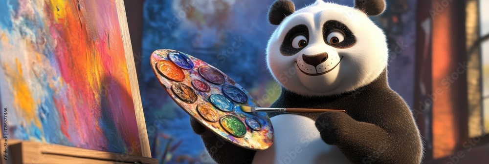 Aufkleber panda joyfully painting with a brush and palette in a colorful studio filled with artistic inspirati