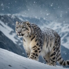 Fototapeta premium A snow leopard stalking through a frosty mountain range with swirling snowflakes.