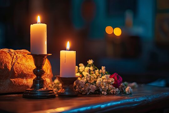 Holy Week, End, Palm Sunday, Good Friday, Easter Sunday Concept. Orthodox food in Great Christian Lent, Lenten food on a wooden table against the background of Orthodox icons. a lighted candle in lamp