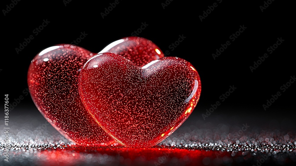 Poster 3d render two sparkling red hearts are placed closely together against a dark background, creating a